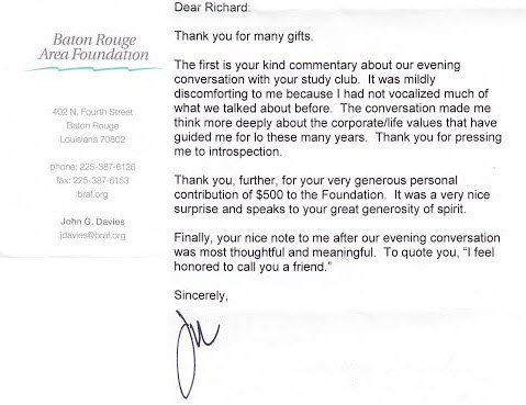 Baton Rouge Area Foundation Director sent a note after giving a presentation to Dr. Akin